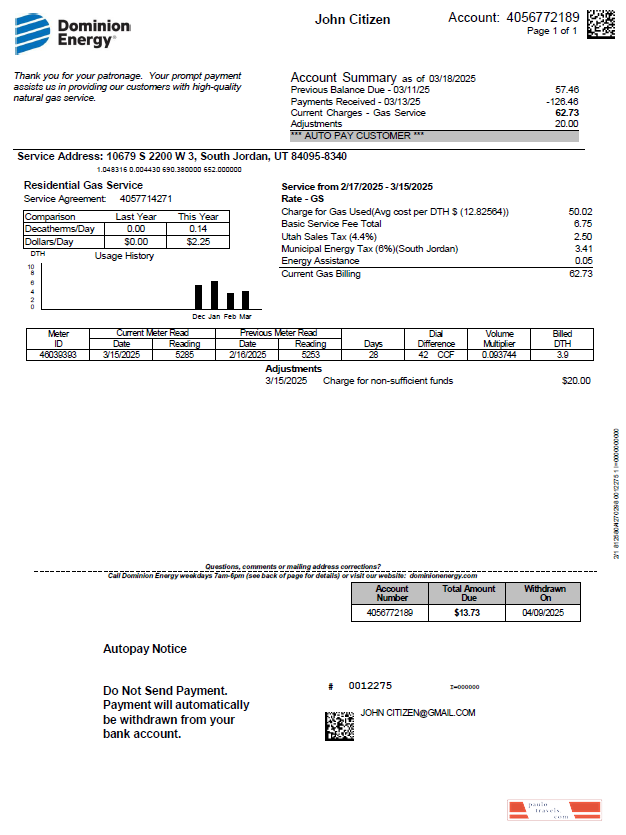 USA Dominion Energy utility bill template in Word and PDF formats, version 3